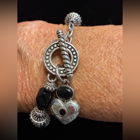 Brighton Silver-Tone and Black Beaded Heart Charm Bracelet - Picture 10 of 13